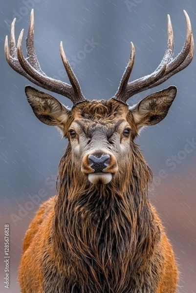 Fototapeta A red deer with large antlers standing in the rain