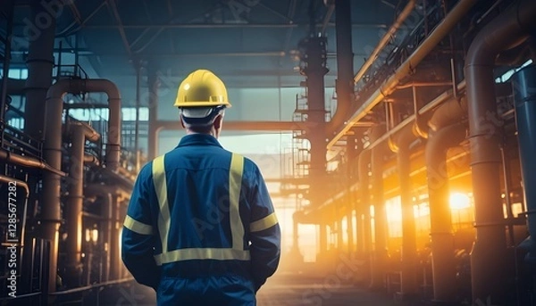 Fototapeta A man wearing a hard hat and uniform standing in an industrial , and a glowing sunset in the background