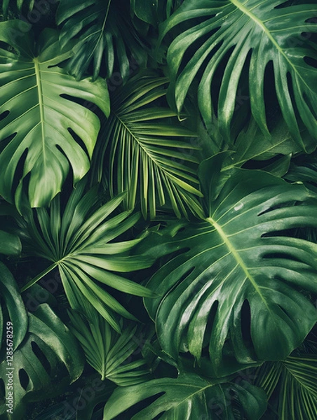 Fototapeta Lush Green Monstera Leaves Texture Creates Vibrant Nature Background for Interior Design Inspiration : Generative AI