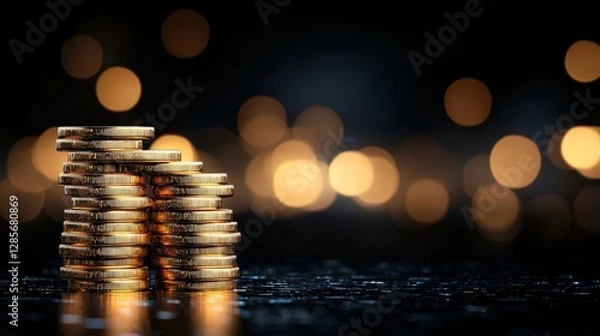 Fototapeta A stack of gold coins sitting on top of a table