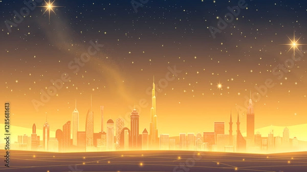 Fototapeta Golden City Skyline At Twilight With Starry Sky And Glowing Horizon

