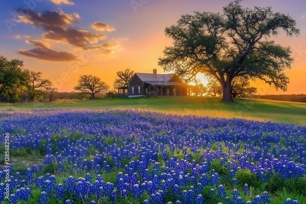 Obraz A beautiful sunset over the bluebonnet field with trees and a farmhouse in the background.