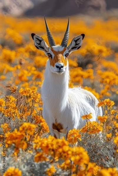 Fototapeta A gazelle standing in a field of yellow flowers
