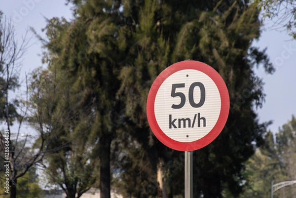 Fototapeta 50 km per hour speed limit sign with a red border stands on a roadside, surrounded by trees and natural scenery in daylight.