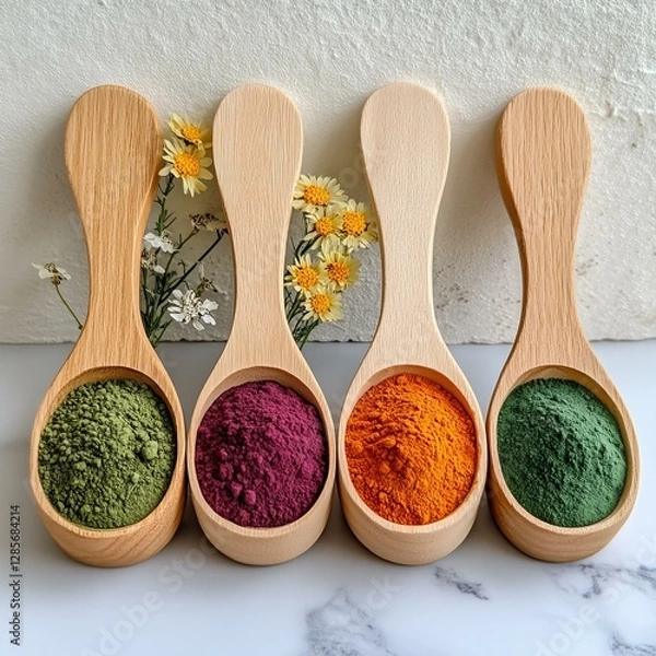 Obraz Three beautiful wooden spoons filled with vibrant colored powders on a rustic background