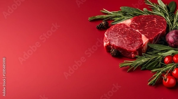 Fototapeta A piece of meat on a red background surrounded by vegetables
