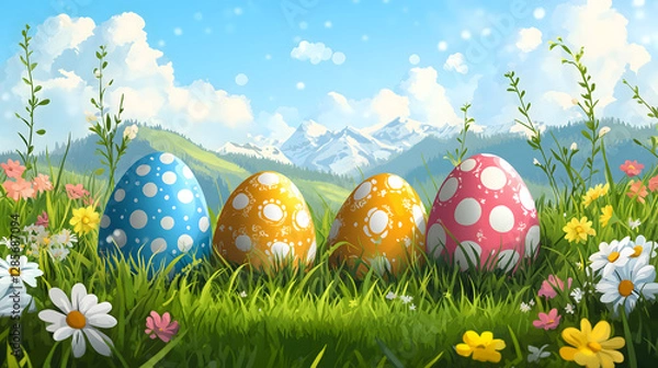 Fototapeta Three Colorful Easter Eggs on Grass with Blue Sky and Mountains