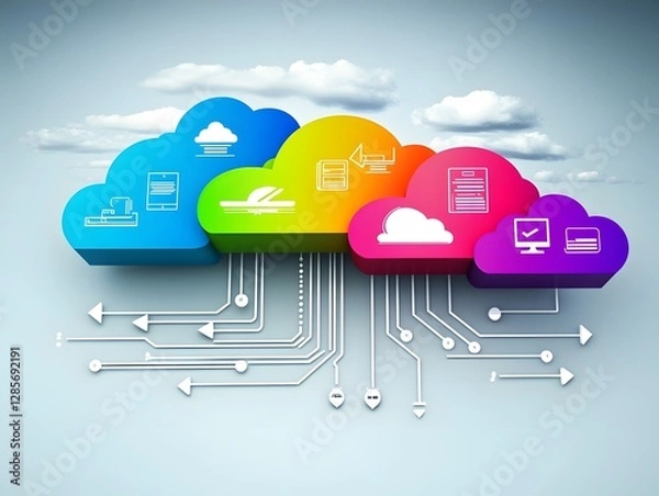 Fototapeta Colorful cloud computing icons representing digital services against a serene sky backdrop