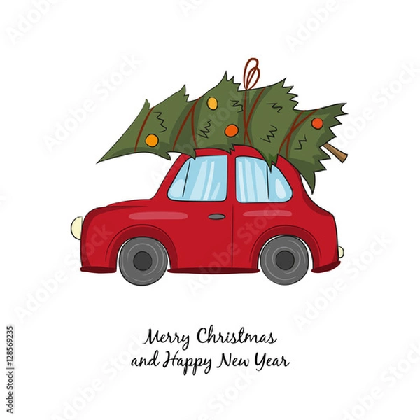 Fototapeta Red car with Christmas tree on the white background.