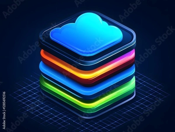 Fototapeta Colorful cloud storage icon stacked with vibrant layers on a dark grid background
