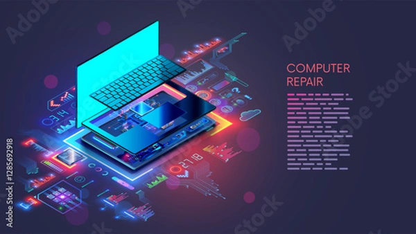 Fototapeta Laptop computer repair. Computer hardware technology. Repair, upgrade, maintenance laptop. Repair service notebook. Isometric concept. Disassembled laptop, motherboard, keyboard. Devices maintenance