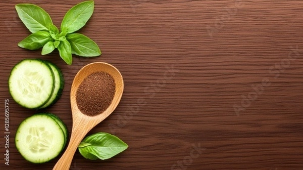 Fototapeta A wooden spoon filled with spices next to sliced cucumbers and basil leaves