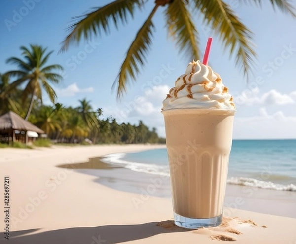 Obraz A large ice cream cone whipped cream, set against a tropical beach scene with palm trees and sandy shores