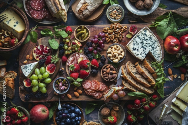 Fototapeta Bountiful Charcuterie Grazing Table Flatlay with Cheeses, Fresh Fruits, Nuts and Elegant Flower Accents