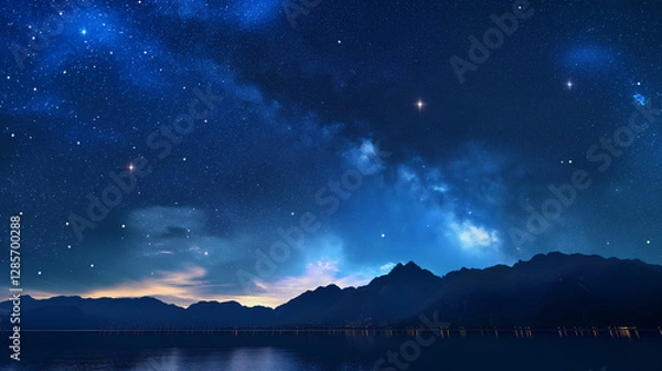 Fototapeta A breathtaking view of the night sky with stars above mountains, reflecting in a tranquil lake Ideal for astronomy and scenic backgrounds.