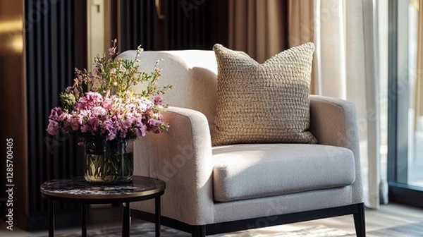 Fototapeta A luxurious armchair styled with a throw pillow and a side table with fresh flowers. digital