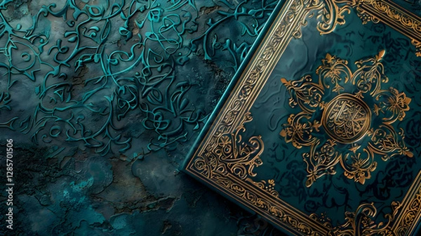 Fototapeta Ornate teal book cover with intricate gold detailing on a textured background