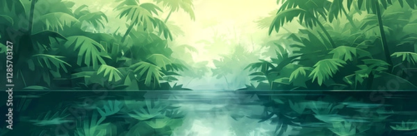 Fototapeta Calm river flows through a dense tropical forest with vibrant green foliage, creating a peaceful atmosphere perfect for backgrounds or nature designs.