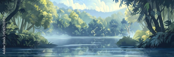 Fototapeta Scenic river runs through a vibrant green forest with early morning mist creating a peaceful and natural setting Perfect for nature backgrounds and landscapes.