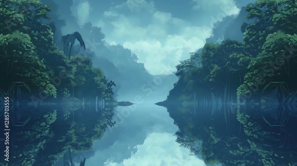 Fototapeta Still lake reflecting trees and a cloudy, somewhat misty sky, creating a serene atmosphere and a balanced symmetrical composition, great for nature backgrounds.