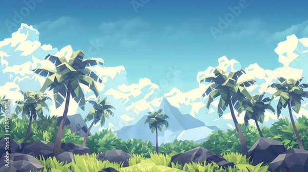 Fototapeta Tropical island scene with palm trees, rocks, and a distant mountain under a bright sky evokes a sense of calm and adventure Great for travel and nature themes.