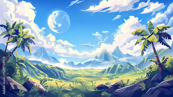 Fototapeta Cartoon landscape with palm trees and mountains creates a tranquil scene under a bright sky with a prominent moon For use in digital art and backgrounds.