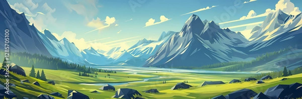 Fototapeta A serene mountain valley with a green meadow and distant peaks under a clear sky creates a peaceful atmosphere Perfect for travel and landscape projects.