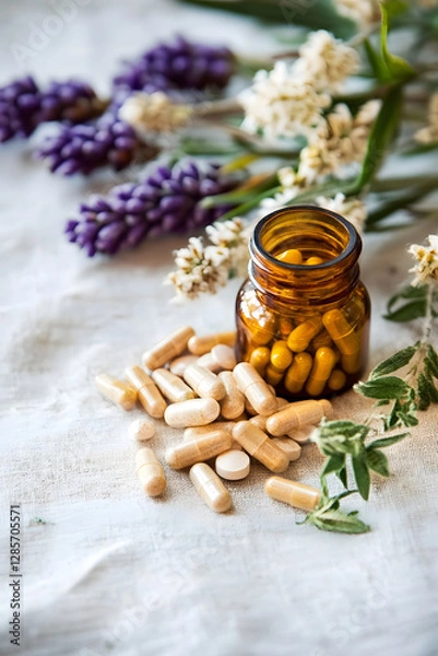 Fototapeta Herbal Supplements and Flowers on Rustic Light Wood Surface : Generative AI