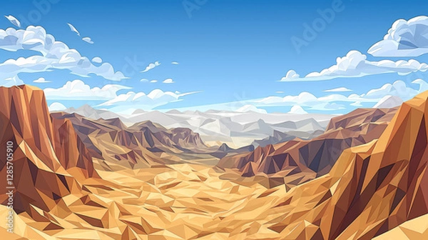 Fototapeta Cartoon desert canyon illustration featuring brown mountains under a blue sky with puffy clouds, rendered in a low polygon geometric style Ideal for backgrounds and design projects.