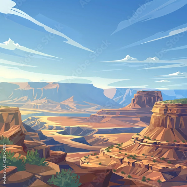 Fototapeta A vibrant canyon landscape features distinctive rock formations under a clear blue sky, evoking a sense of adventure and vastness Perfect for backgrounds and travel themes.