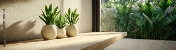 Fototapeta Three plants in minimalist pots, window view.