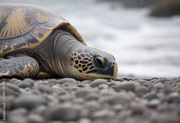 Fototapeta An underwater shot of a sea turtle , its shell and head visible against the gray background