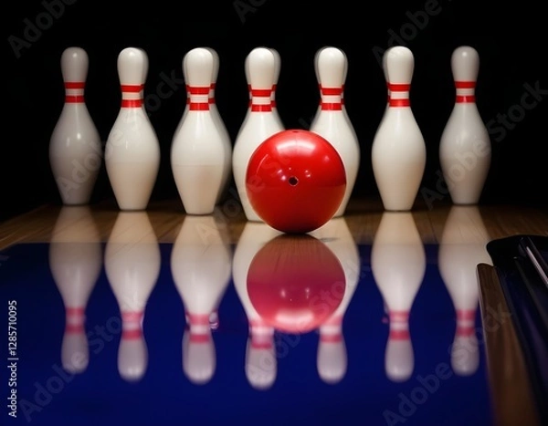 Obraz A  bowling ball in the center of a row of bowling pins on a blurred background