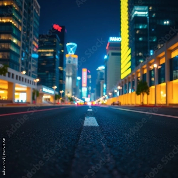 Fototapeta Night Cityscape View From Asphalt Road with Illuminated Buildings