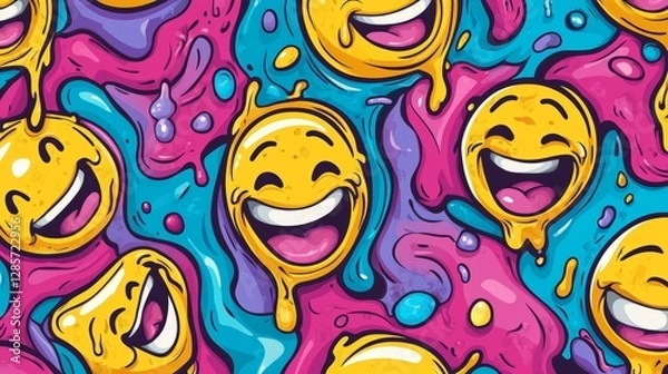Fototapeta Funny crazy melt smile faces seamless pattern. Vector crazy cartoon character illustration. Smile smiley techno faces melting, acid, trippy, cells, techno seamless pattern, wallpaper print concept