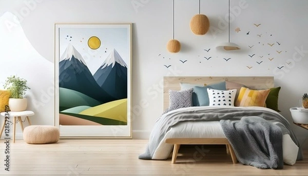 Fototapeta Kids room with poster and mountain wall