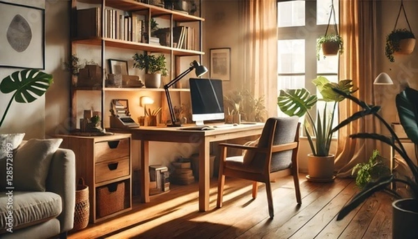 Fototapeta A modern Scandinavian home office featuring a minimalist wooden desk, an ergonomic chair, and natural light streaming through large windows. The space is decorated with green plants, stylish shelves, 