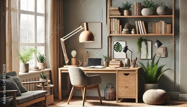 Fototapeta A modern Scandinavian home office featuring a minimalist wooden desk, an ergonomic chair, and natural light streaming through large windows. The space is decorated with green plants, stylish shelves, 