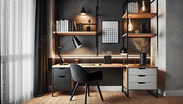 Fototapeta A modern Scandinavian home office featuring a minimalist wooden desk, an ergonomic chair, and natural light streaming through large windows. The space is decorated with green plants, stylish shelves, 