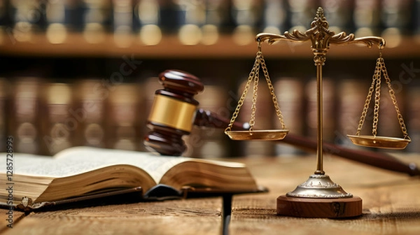 Obraz A gavel and scales of justice resting on a wooden table with law books in the background