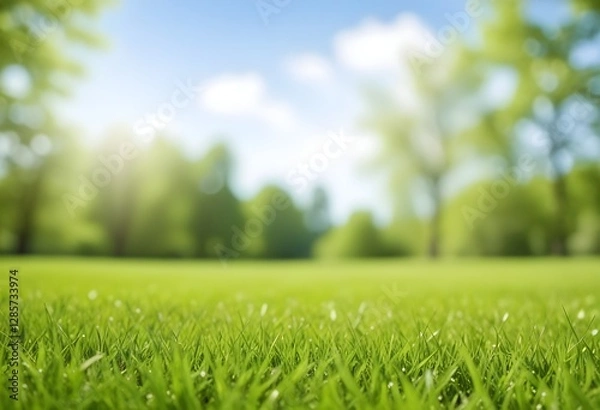 Fototapeta A lush green lawn with blurred trees and a bright blue sky in the background