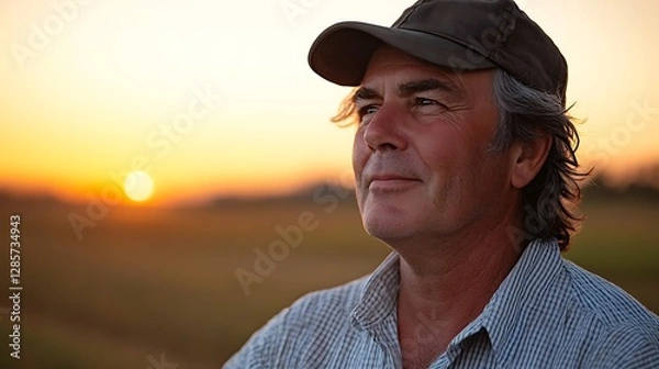 Fototapeta A thoughtful man wearing a cap looks towards the sunlight
