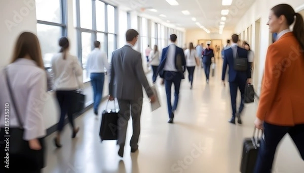 Fototapeta Blurred image of teachers walking in a school hallway , with backpacks and coats , suggesting a busy school environment