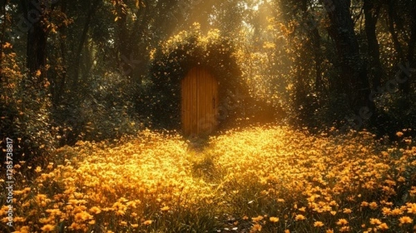 Fototapeta A wooden door in the middle of a field of yellow flowers