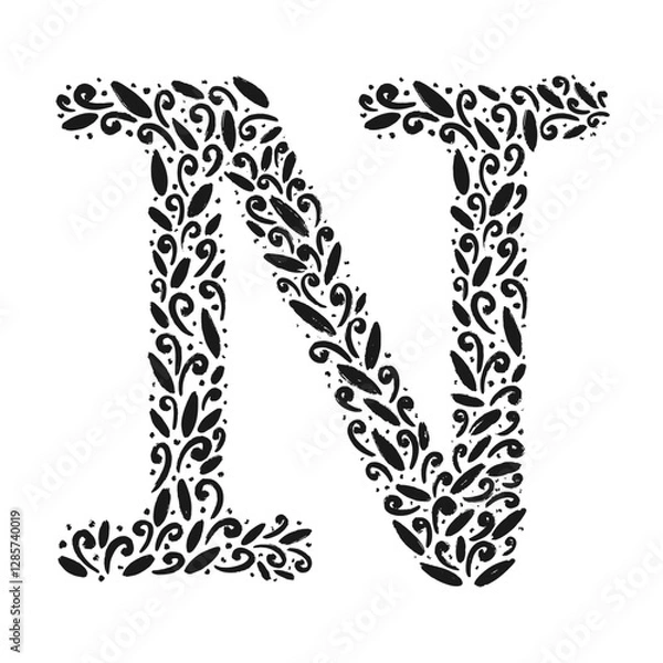 Fototapeta Floral botanical alphabet. Vintage hand drawn monogram letter N. Letter with plants and flowers. Vector lettering isolated on white