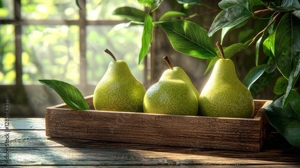 Fototapeta Three pears in a wooden tray on a wooden table