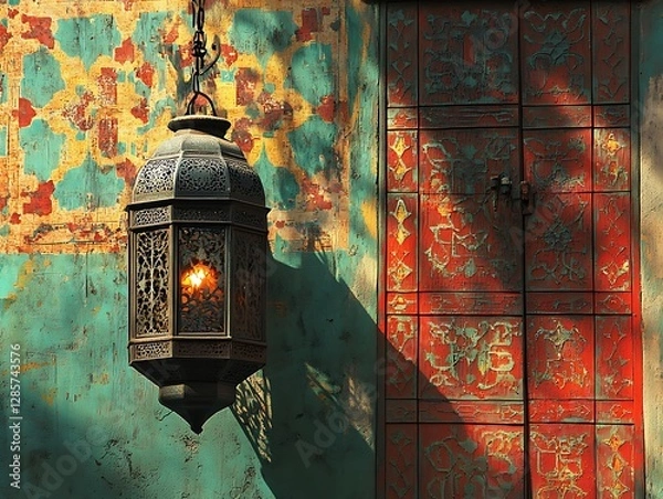 Fototapeta The ornate metal lantern is hanging from a chain on the wall