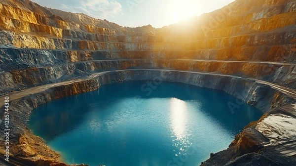 Fototapeta An Open Pit Mine Contains Water and Terraced Rock Walls