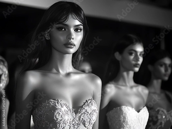 Fototapeta Fashion models stand in a line ready for the fashion show