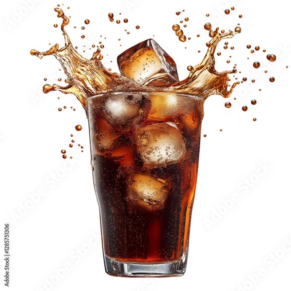 Fototapeta A glass of cola with ice cubes, bubbles, and soda splashing, isolated on a transparent background png